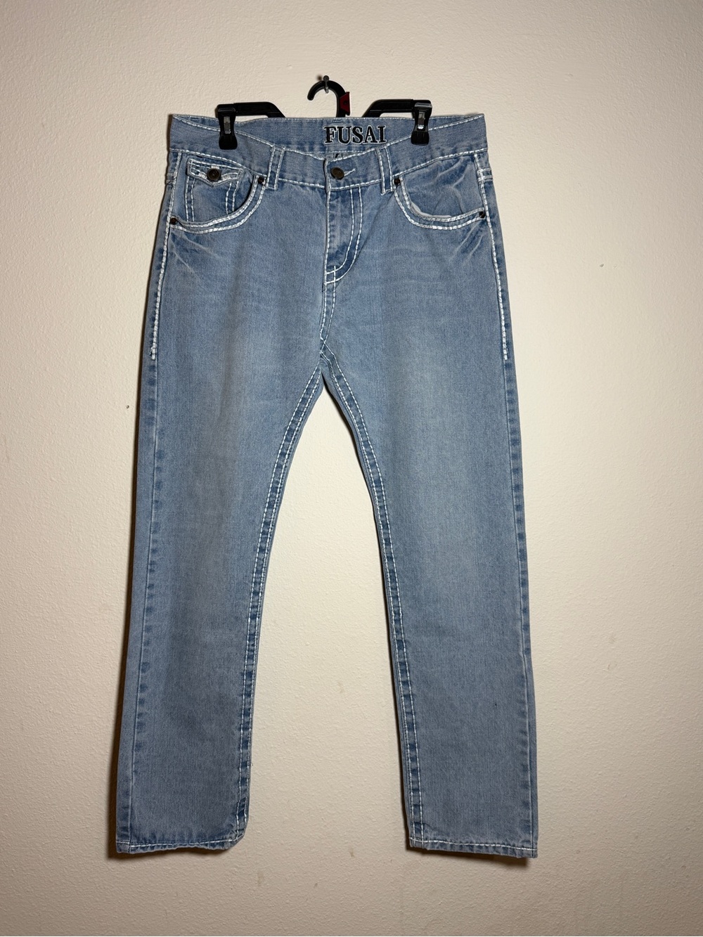 FUSAI Men's Jeans 36x32 Blue Thick Stitch Denim Straight Leg Y2K Hip Hop Punk V